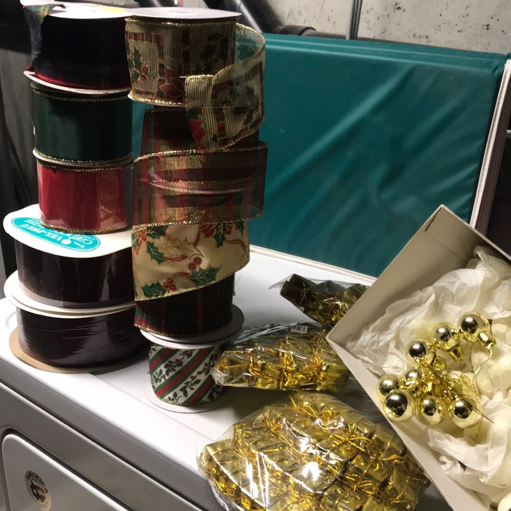 Christmas ribbons foil packages glass balls